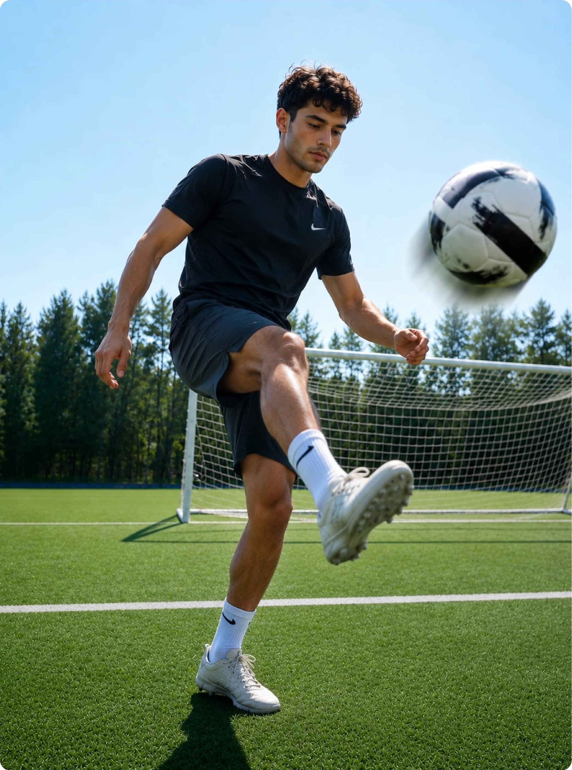 Football player kicking a ball on an artificial turf pitch